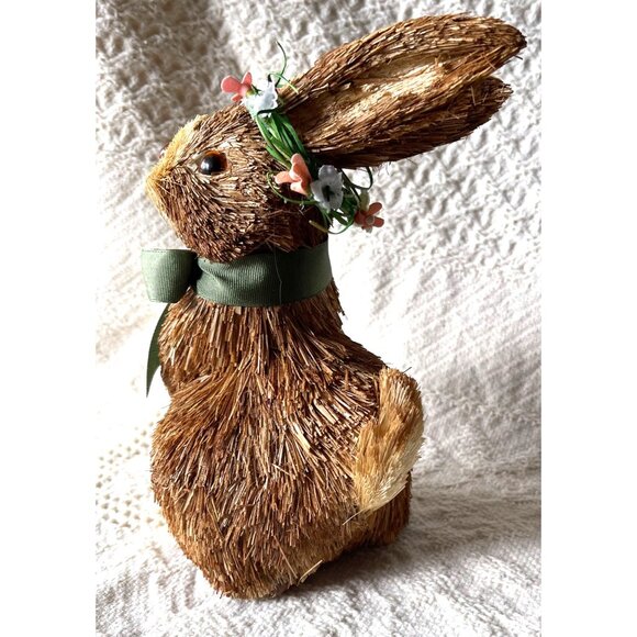 Pier 1 Adorable Straw Bunny With Green Ribbon Bow & Floral Crown Spring - Picture 4 of 7